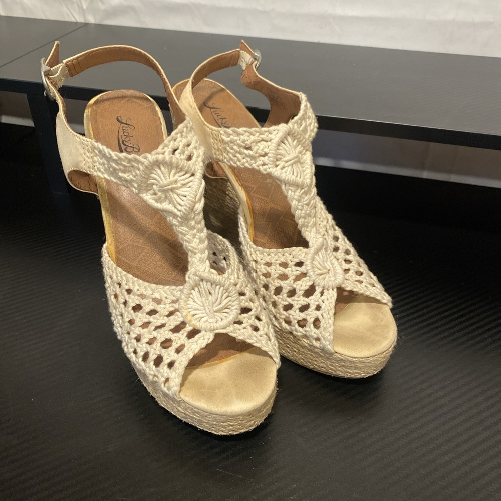 Lucky Brand Womens Crochet Espadrille Wedge Sandals Cream Beige Shoes‎ Size 9.5